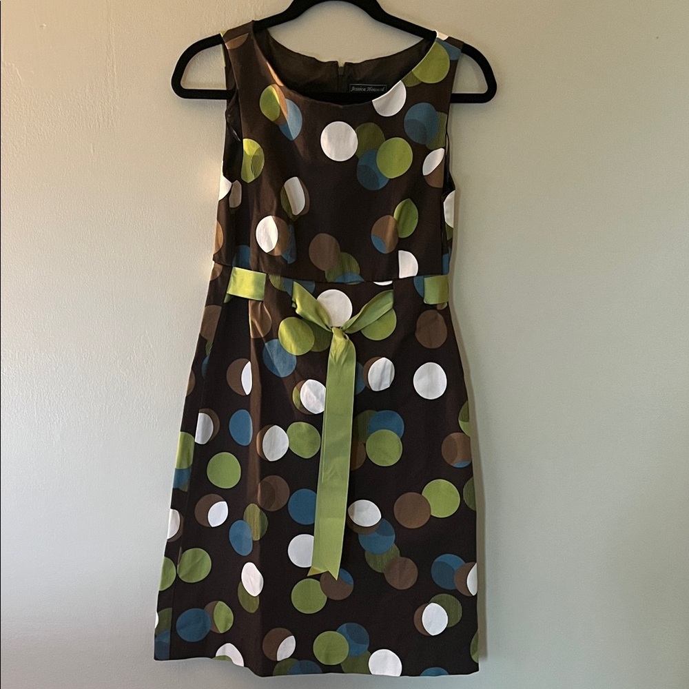 Jessica Howard Brown Polka Dot Dress with Green Sash